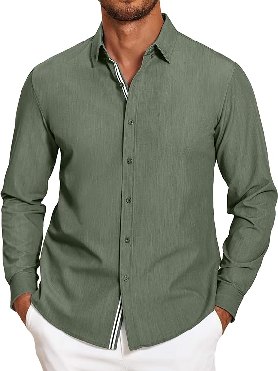 Coofandy Mens Casual Button-Down Shirt — Untucked Long Sleeve Stretch Denim